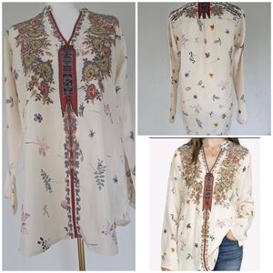 Johnny Was Embroidered Floral Tunic Top Boho Luxe Cream Sz S M